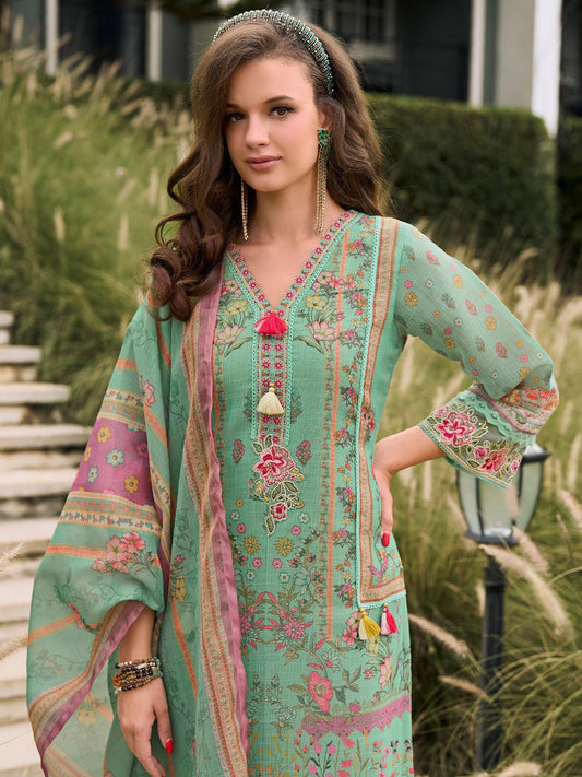 Dhiyona IE Floral Printed Sequinned Linen Kurta With Trousers And Dupatta