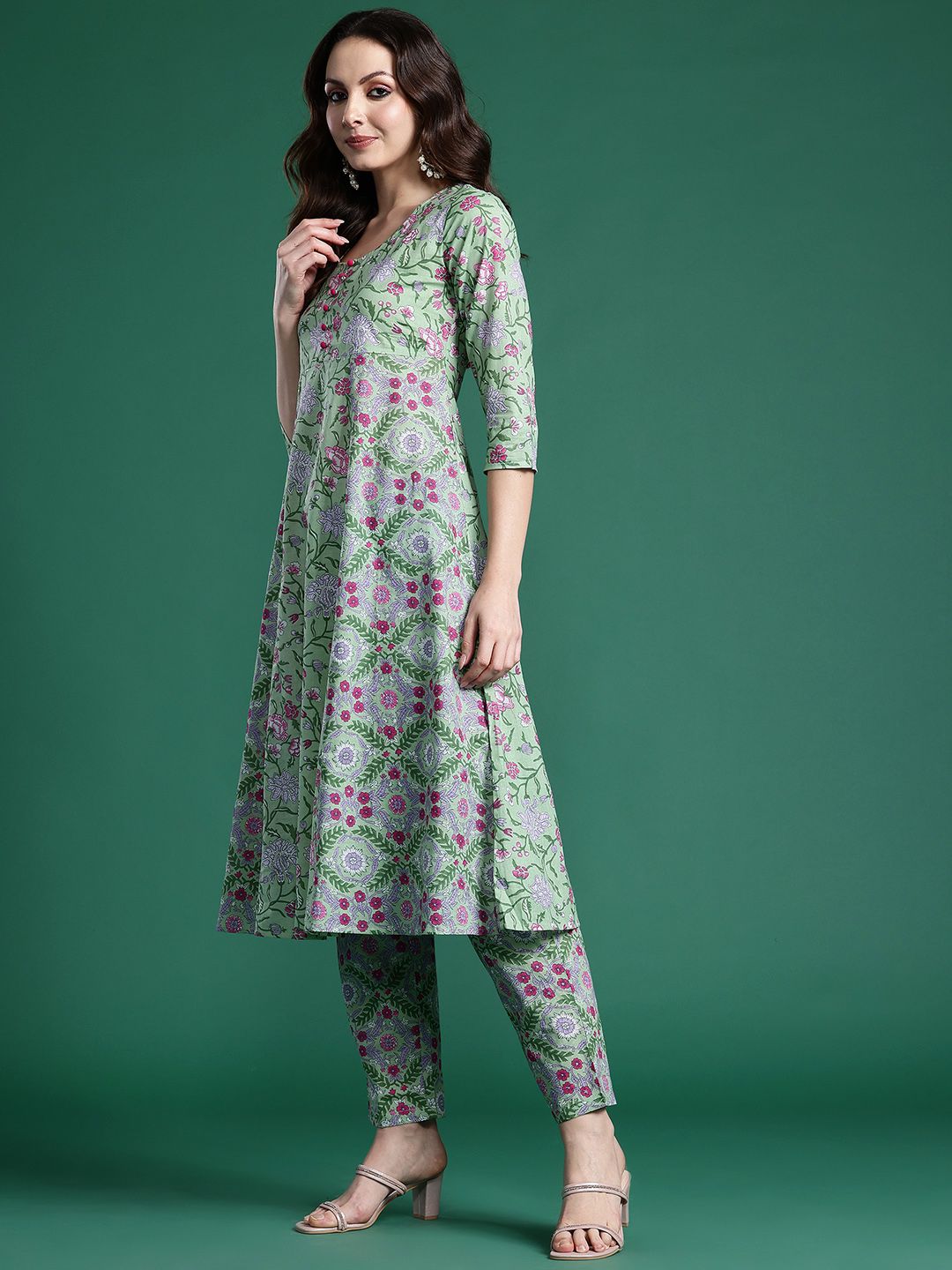 Dhiyona IE Floral Printed Regular Pure Cotton Kurta with Trousers & Dupatta