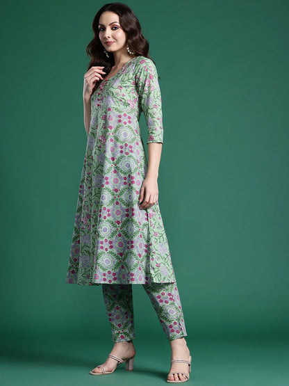 Dhiyona IE Floral Printed Regular Pure Cotton Kurta with Trousers & Dupatta