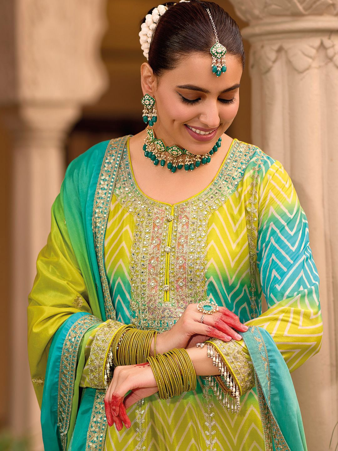 Floral Embroidered Sequinned Chinon A-line Kurta With Palazzos & Dupatta