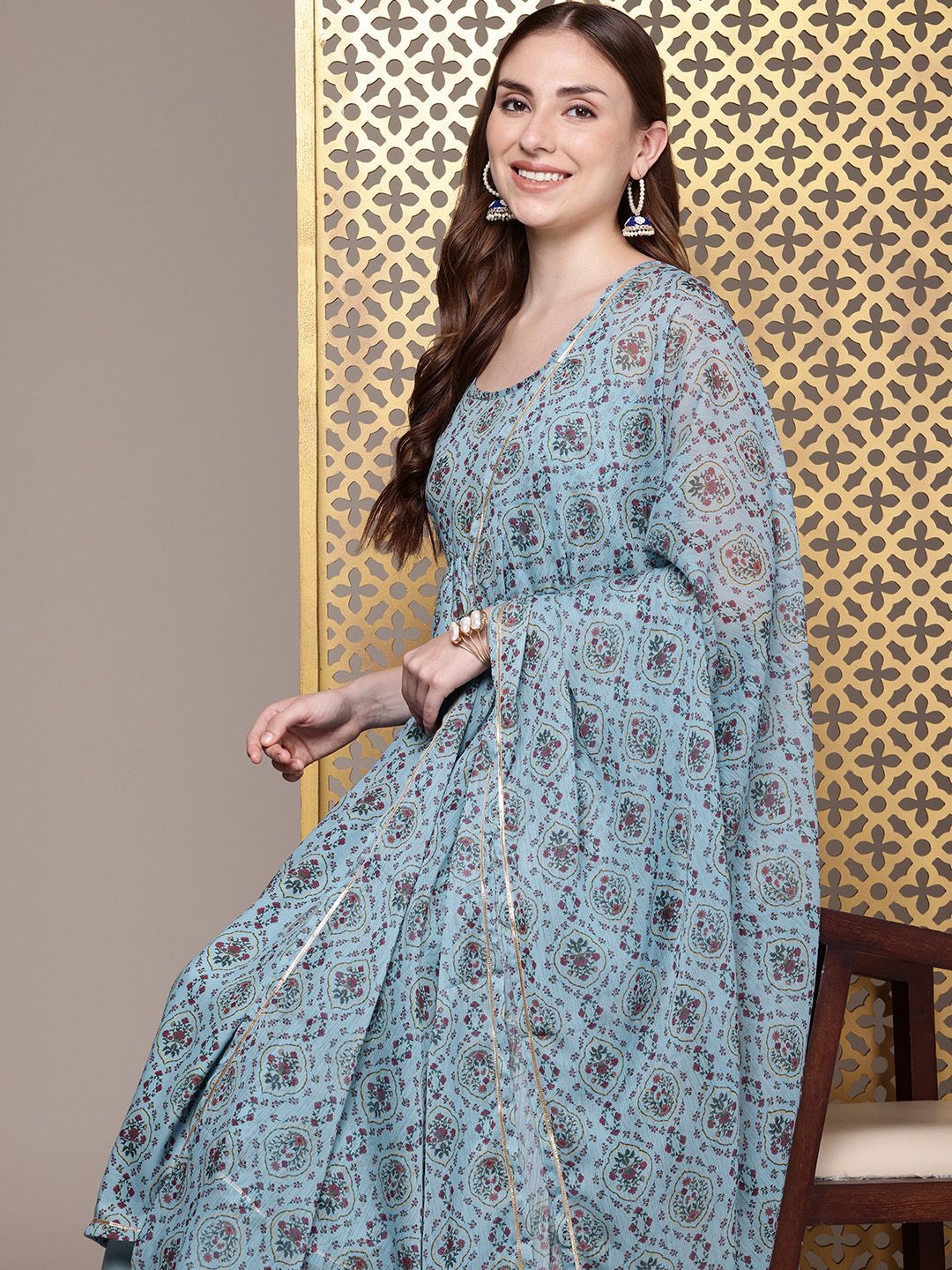 Dhiyona PD Women Jashn Ethnic Motifs Printed Pleated Kurta with Trousers & Dupatta