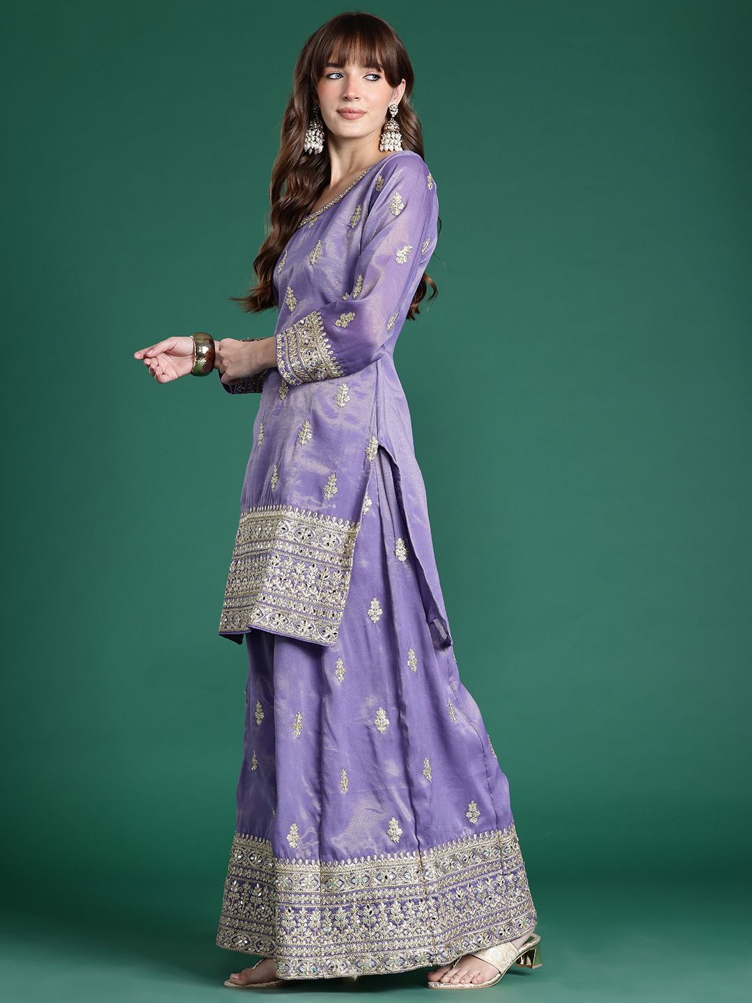 Ethnic Motifs Embroidered Sequinned Kurta With Palazzos & Dupatta
