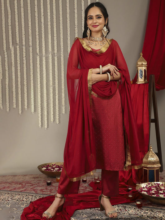 Dhiyona VA Women's Zari Kurta With Trousers & Dupatta