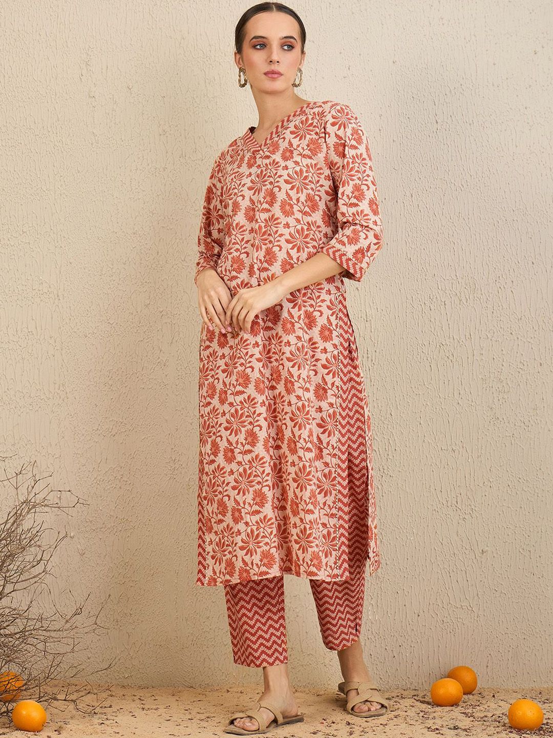 Dhiyona IE Floral Printed Gotta Patti Pure Cotton Straight Kurta With Trousers & Dupatta
