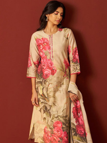Dhiyona IE Floral Printed Notch-Neck Straight Kurta With Trousers And Dupatta