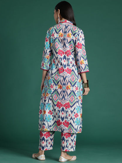 Dhiyona IE Women Printed Panelled Pure Cotton Kurta with Trousers