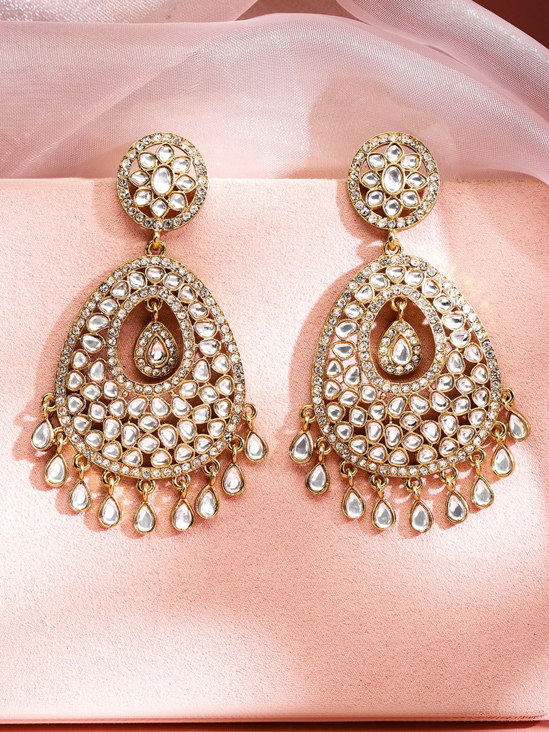 Dhiyona RJ Women's 22K Gold-Plated Kundan Studded Handcrafted Chandelier Earrings with Kundan Droplets
