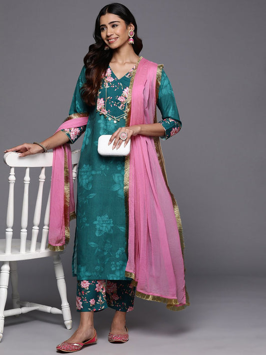 Dhiyona VA Women'sFloral Printed Regular Kurta with Trousers & Dupatta