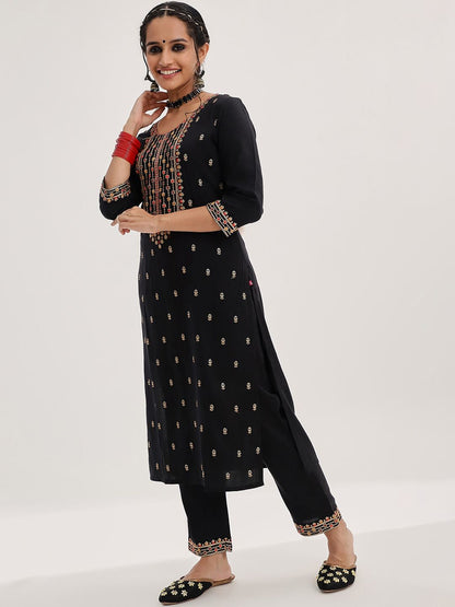Dhiyona VA Women'sBlack Ethnic Motifs Embroidered Sequinned Straight Kurta & Trousers With Dupatta