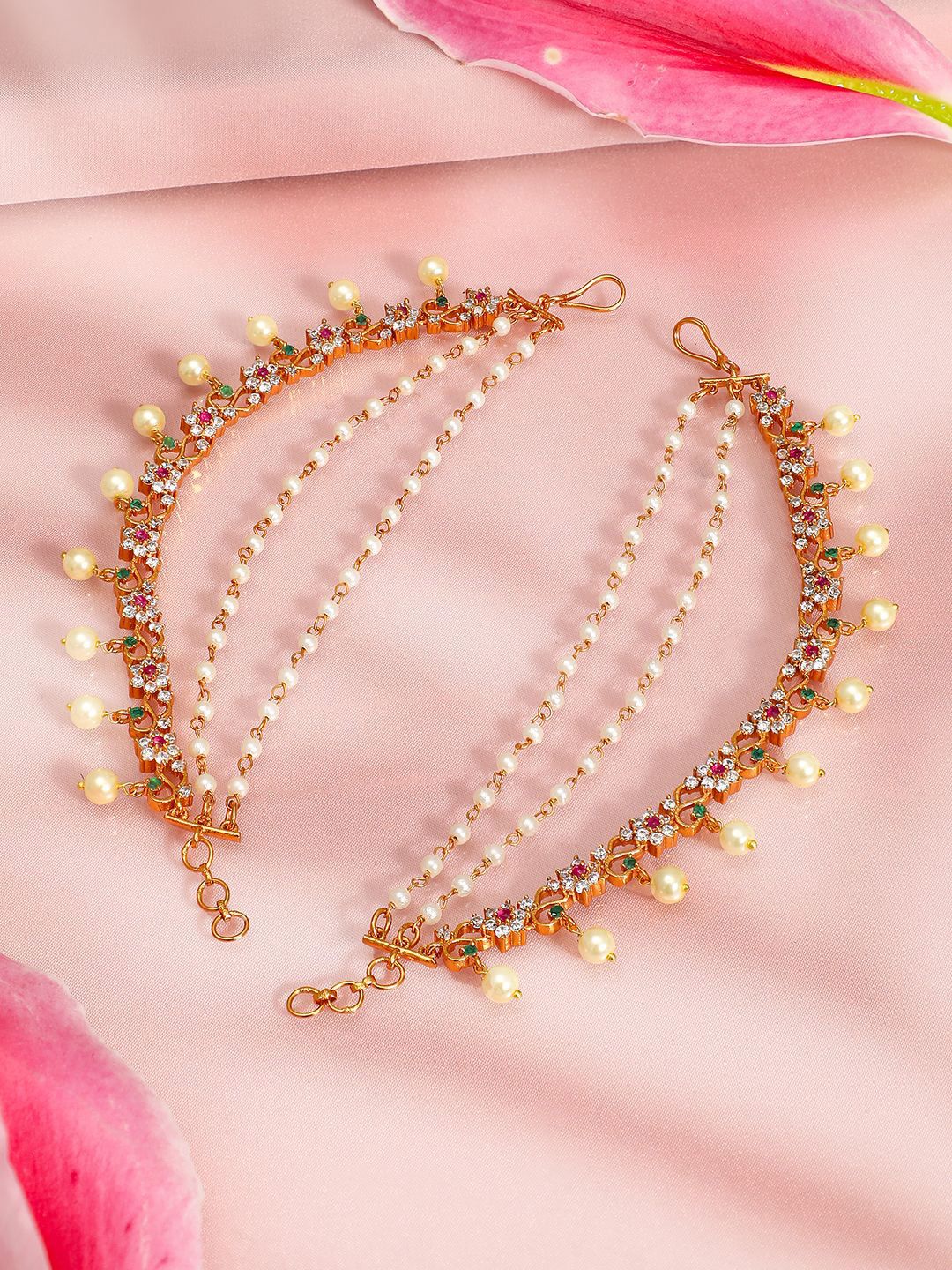 Dhiyona RJ Women's 22K Gold-Plated Ruby & Green Stone Studded Pearl Beaded Layered Ear Chain