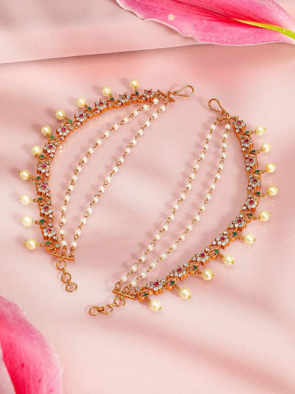 Dhiyona RJ Women's 22K Gold-Plated Ruby & Green Stone Studded Pearl Beaded Layered Ear Chain