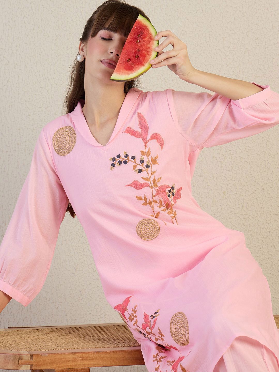 Dhiyona IE Printed Pure Cotton Shirt Collar Top With Trousers Co-Ords