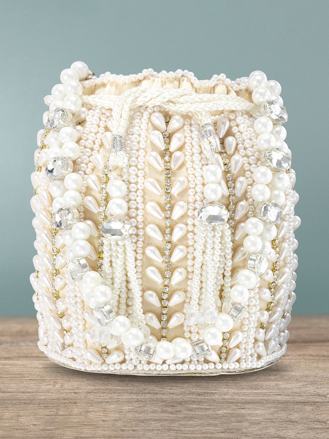 Dhiyona NR White Embroidered Potli Clutch