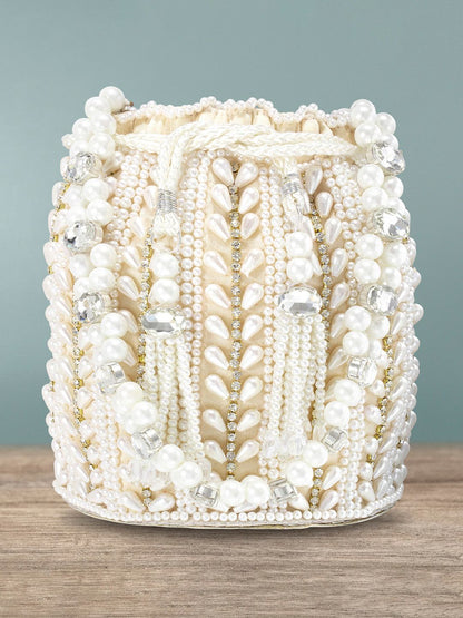 Dhiyona NR White Embroidered Potli Clutch