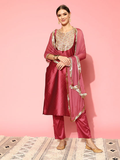 Dhiyona VA Women'sEthnic Motifs Yoke Design Regular Sequinned Kurta with Trousers & Dupatta