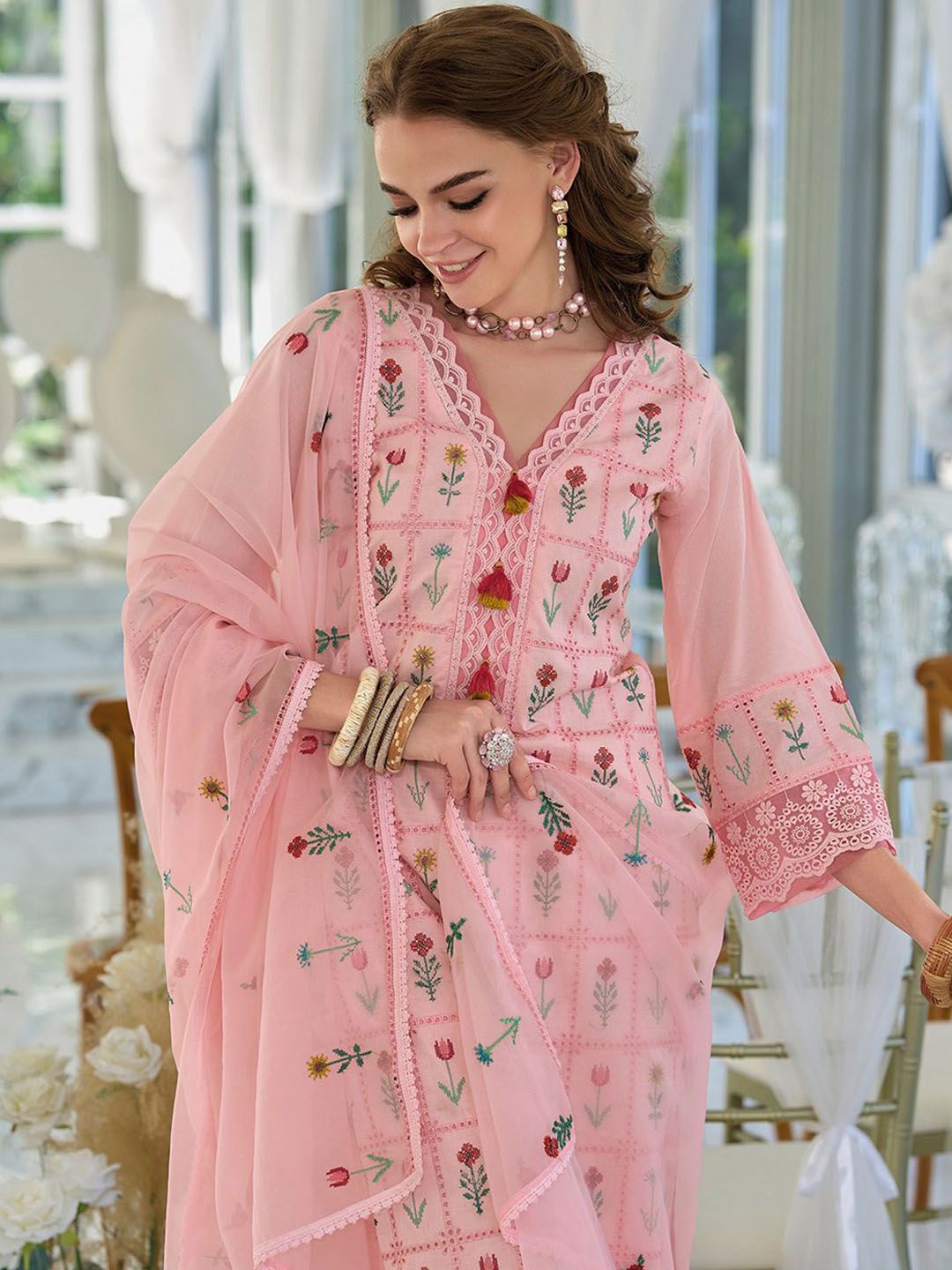 Dhiyona IE Floral Embroidered Thread Work Pure Cotton Kurta With Trousers & Dupatta