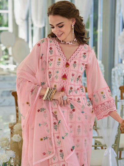 Dhiyona IE Floral Embroidered Thread Work Pure Cotton Kurta With Trousers & Dupatta