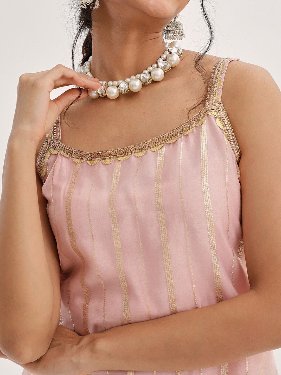 Dhiyona VA Women'sPeach Striped Shoulder Straps Embroidered Empire Kurta with Sharara & With Dupatta