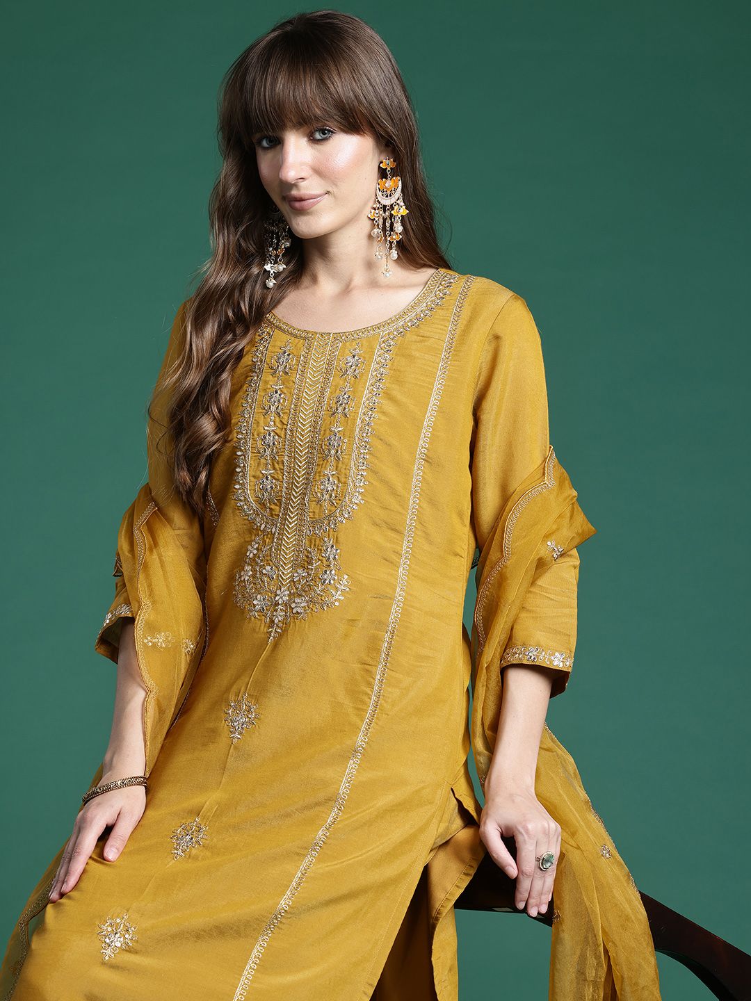 Dhiyona IE Ethnic Motifs Embroidered Regular Gotta Patti Kurta with Trousers & Dupatta