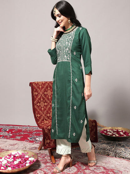 Dhiyona VA Women'sEthnic Motifs Embroidered Thread work Straight Kurta & Trousers With Dupatta