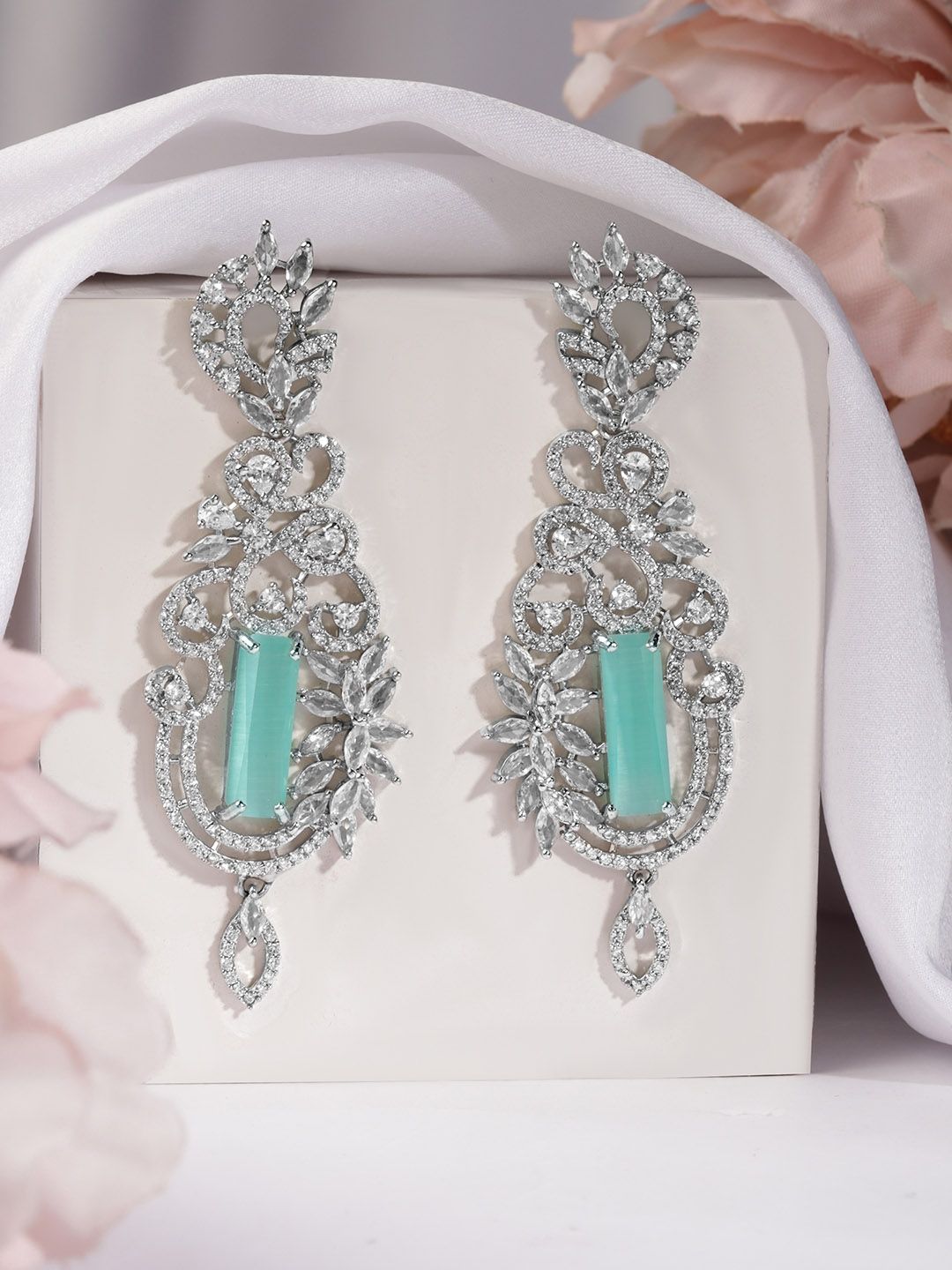 Dhiyona RJ Women's Silver-Toned & Green Leaf Shaped Drop Earrings