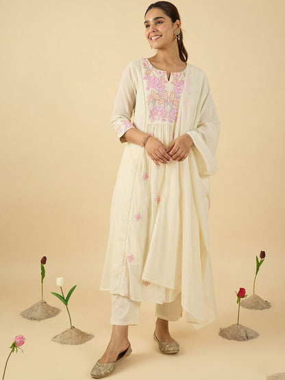 Floral Embroidered Notch Neck Pure Cotton A-Line Kurta & Trousers With Dupatta