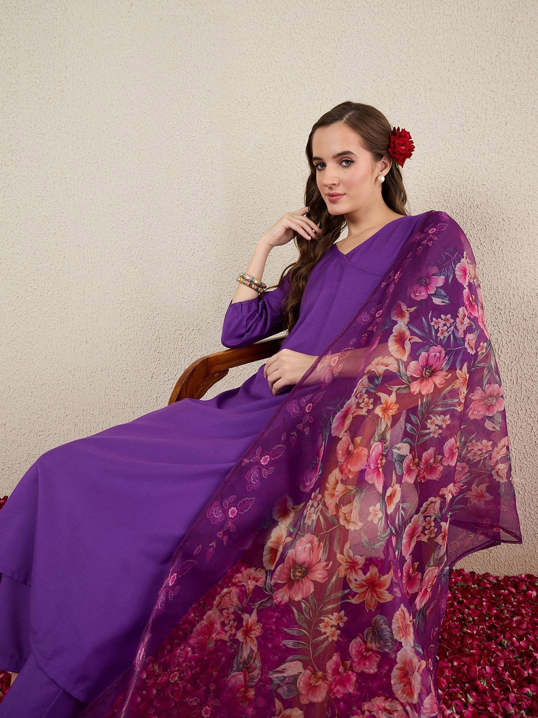 V-Neck Straight Kurta With Trousers & Dupatta