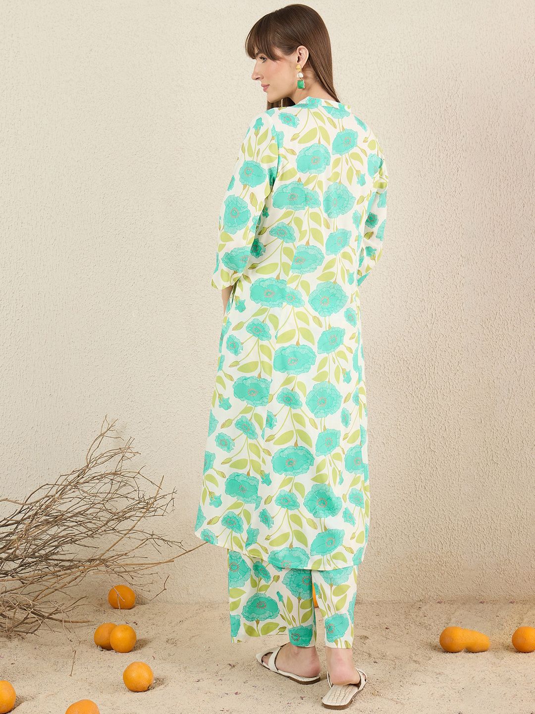 Floral Printed Mandarin Collar A-Line Kurta With Palazzos