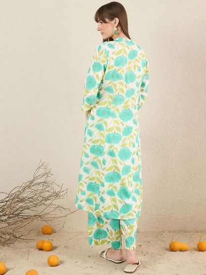 Floral Printed Mandarin Collar A-Line Kurta With Palazzos