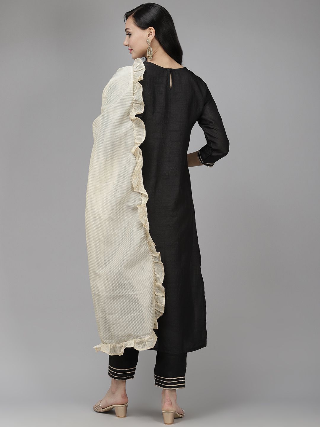 Women Black Yoke Design Regular Liva Kurta with Trousers & Dupatta