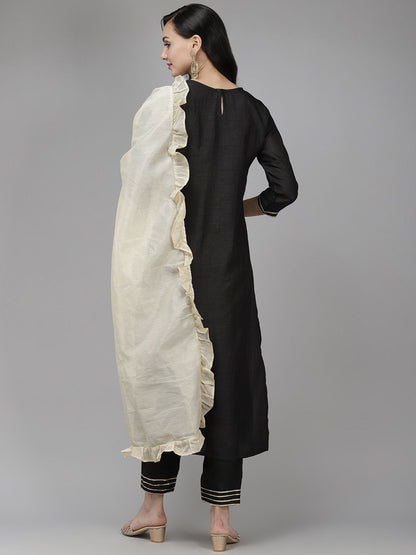 Women Black Yoke Design Regular Liva Kurta with Trousers & Dupatta