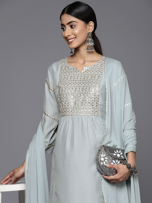 Dhiyona VA Women'sEmbroidered Empire Mirror Work Kurta With Trousers & With Dupatta
