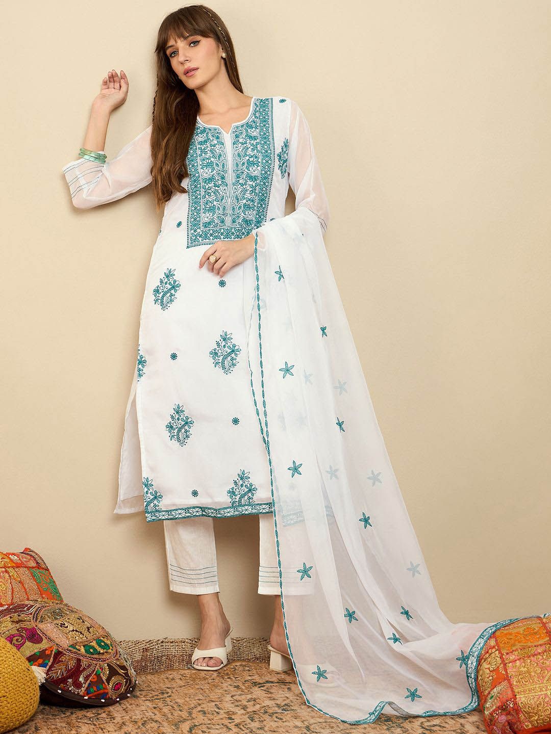 Dhiyona IE Floral Embroidered Thread Work Organza Straight Kurta With Trousers & Dupatta