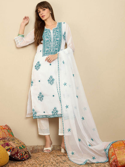 Dhiyona IE Floral Embroidered Thread Work Organza Straight Kurta With Trousers & Dupatta
