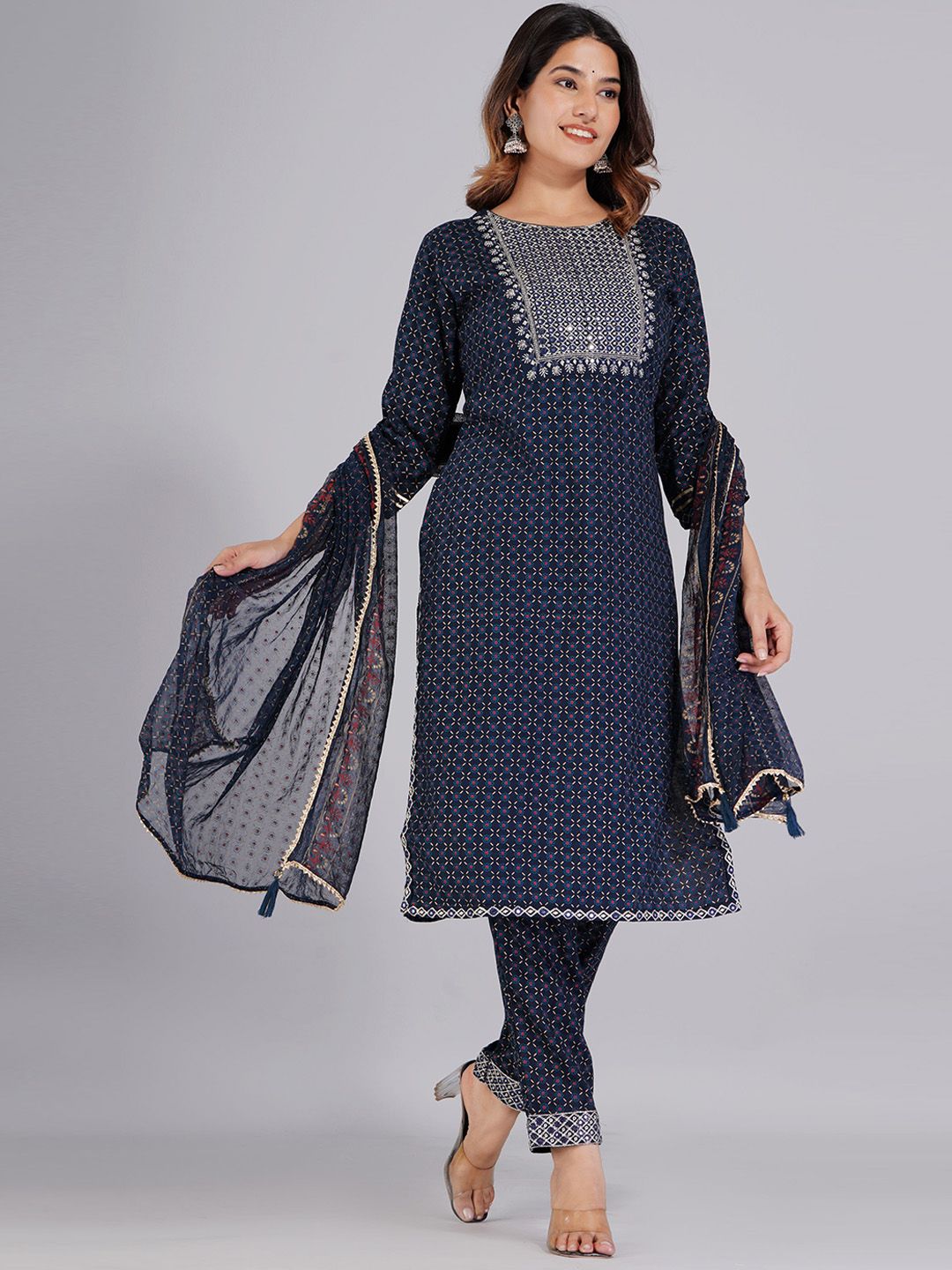 Dhiyona KL Ethnic Motifs Printed Mirror Work Kurta With Trousers & Dupatta