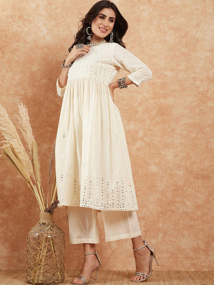 Dhiyona PD Women Embroidered Pure Cotton A-Line Kurta With Palazzo Set