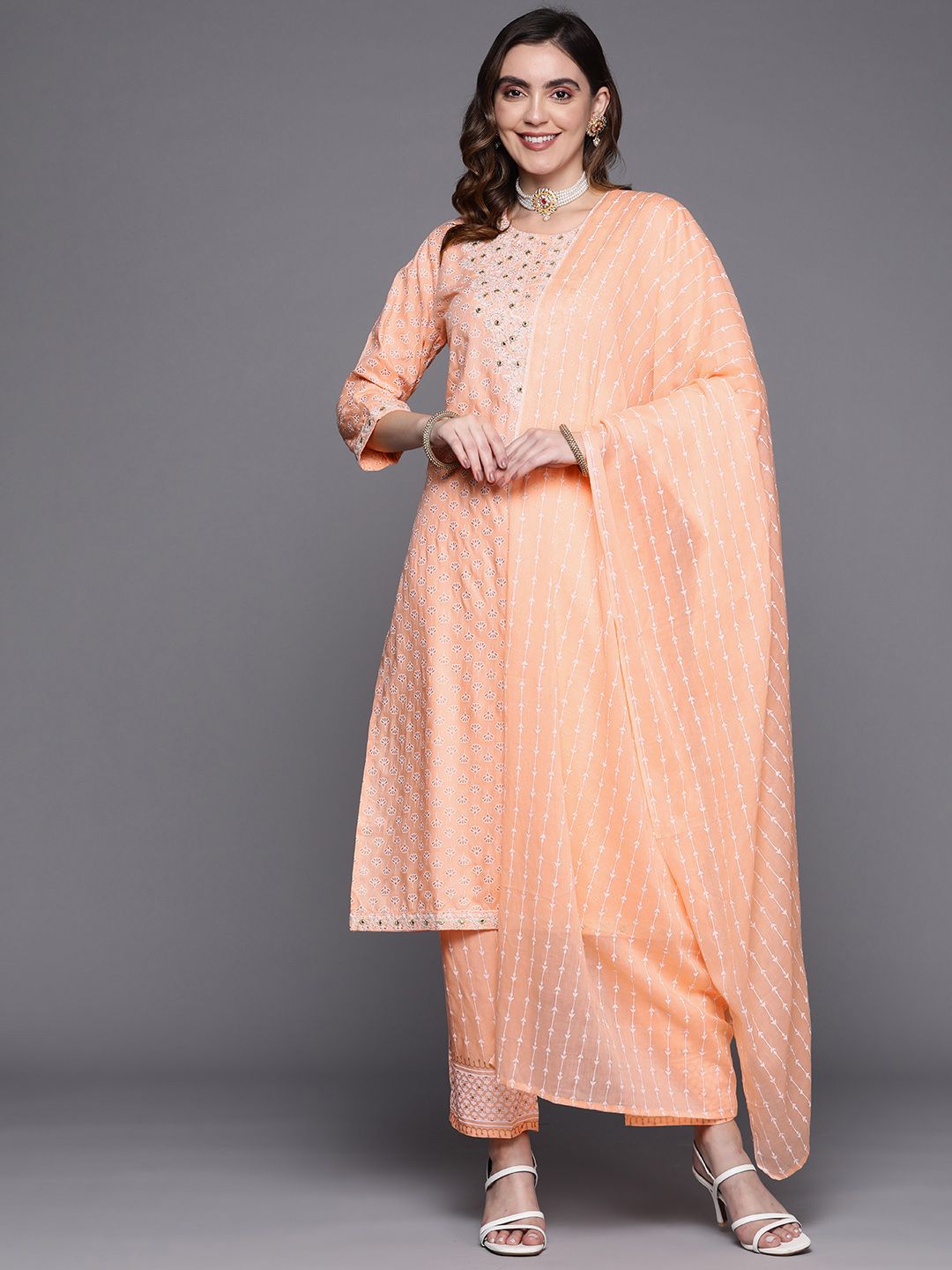 Women Peach-Coloured Embroidered Mirror Work Kurta with Trousers & Dupatta