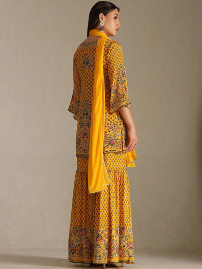 Dhiyona SO Women's Floral Printed Mirror Work Straight Kurta With Sharara And Dupatta