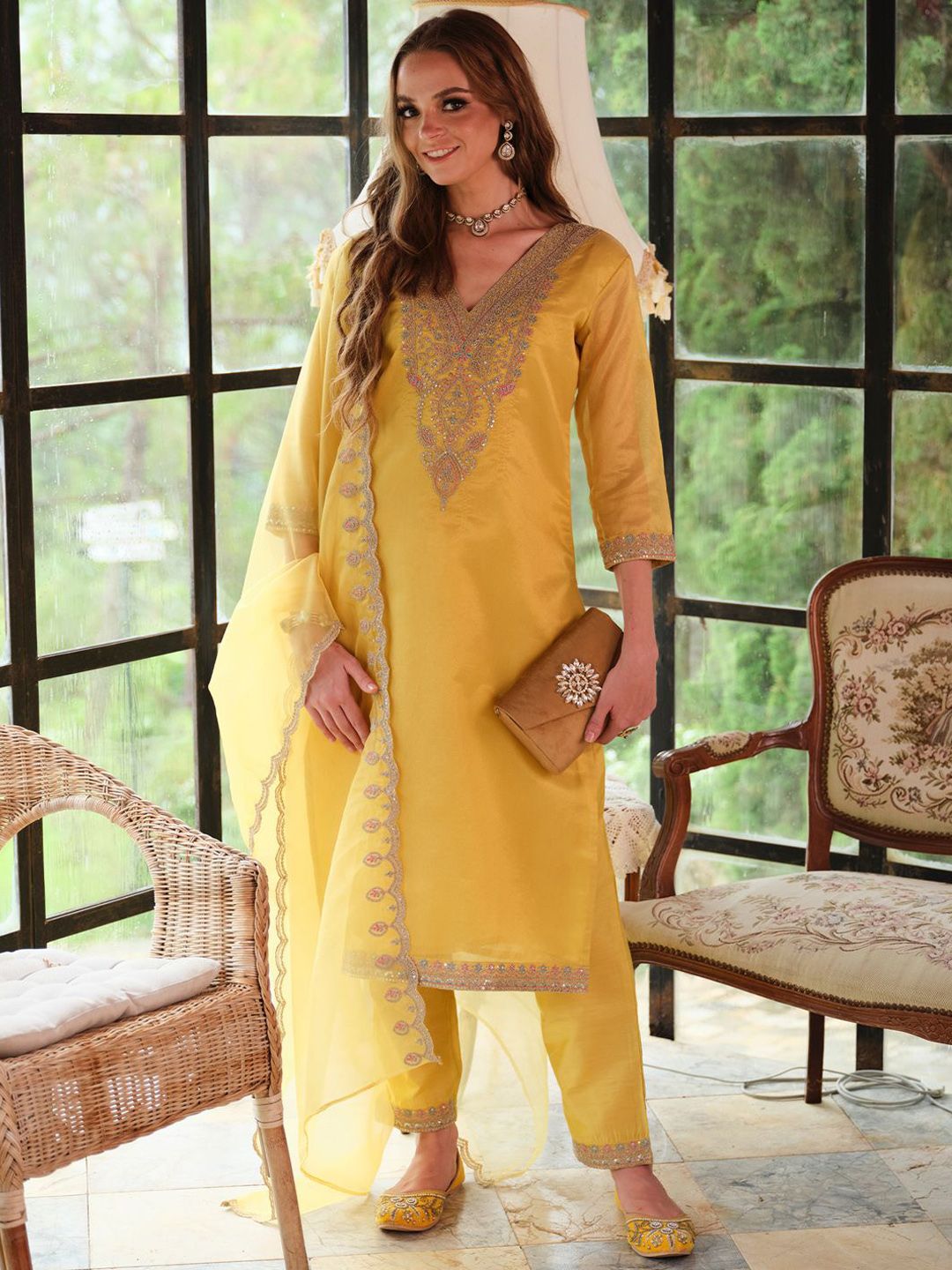 Dhiyona IE Floral Yoke Design Sequnnied Straight Kurta With Trousers & Dupatta