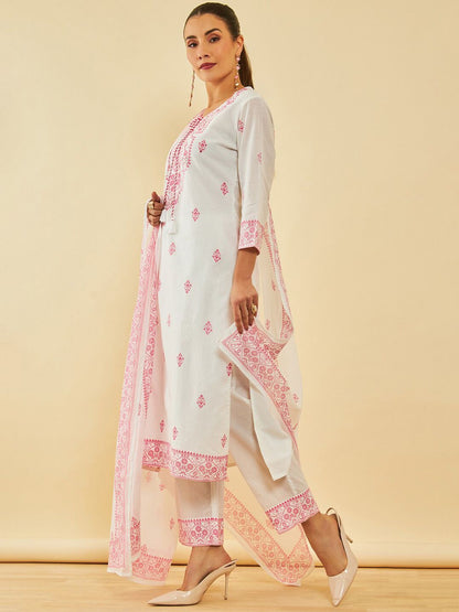 Dhiyona SO Women's White & Pink Floral Printed Pure Cotton Straight Kurta With Trousers & Dupatta
