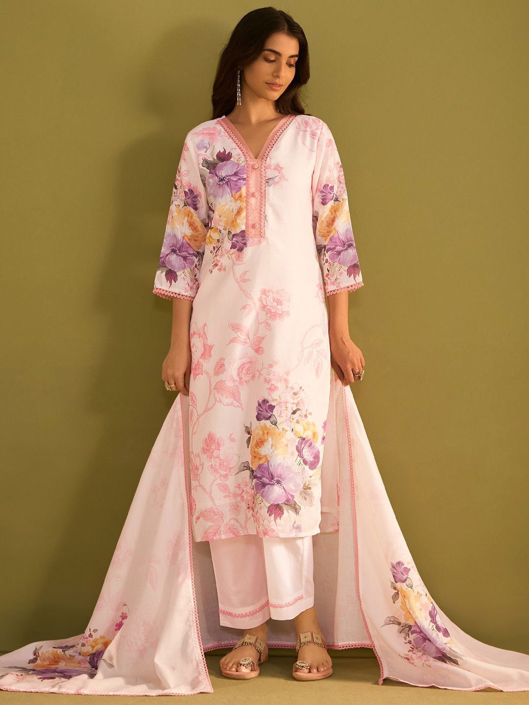 Floral Printed V Neck Linen Kurta With Trousers & Dupatta