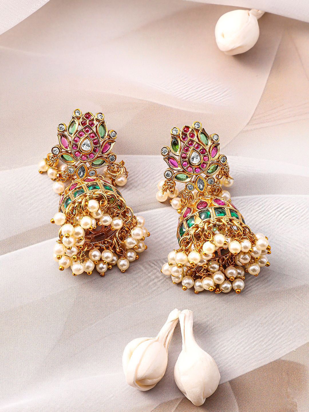 Dhiyona RJ Women's 22K Gold-Plated Ruby Pink, Emerald & White Kundan Studded Pearl Beaded Necklace Set
