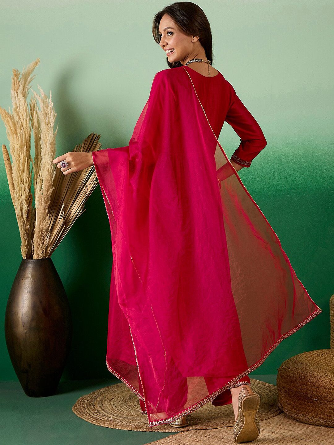 Dhiyona SN Women's Red Ethnic Embroidered Zari Sequined Pleated Straight Kurta With Trouser & Dupatta