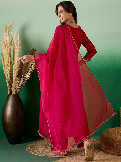 Dhiyona SN Women's Red Ethnic Embroidered Zari Sequined Pleated Straight Kurta With Trouser & Dupatta