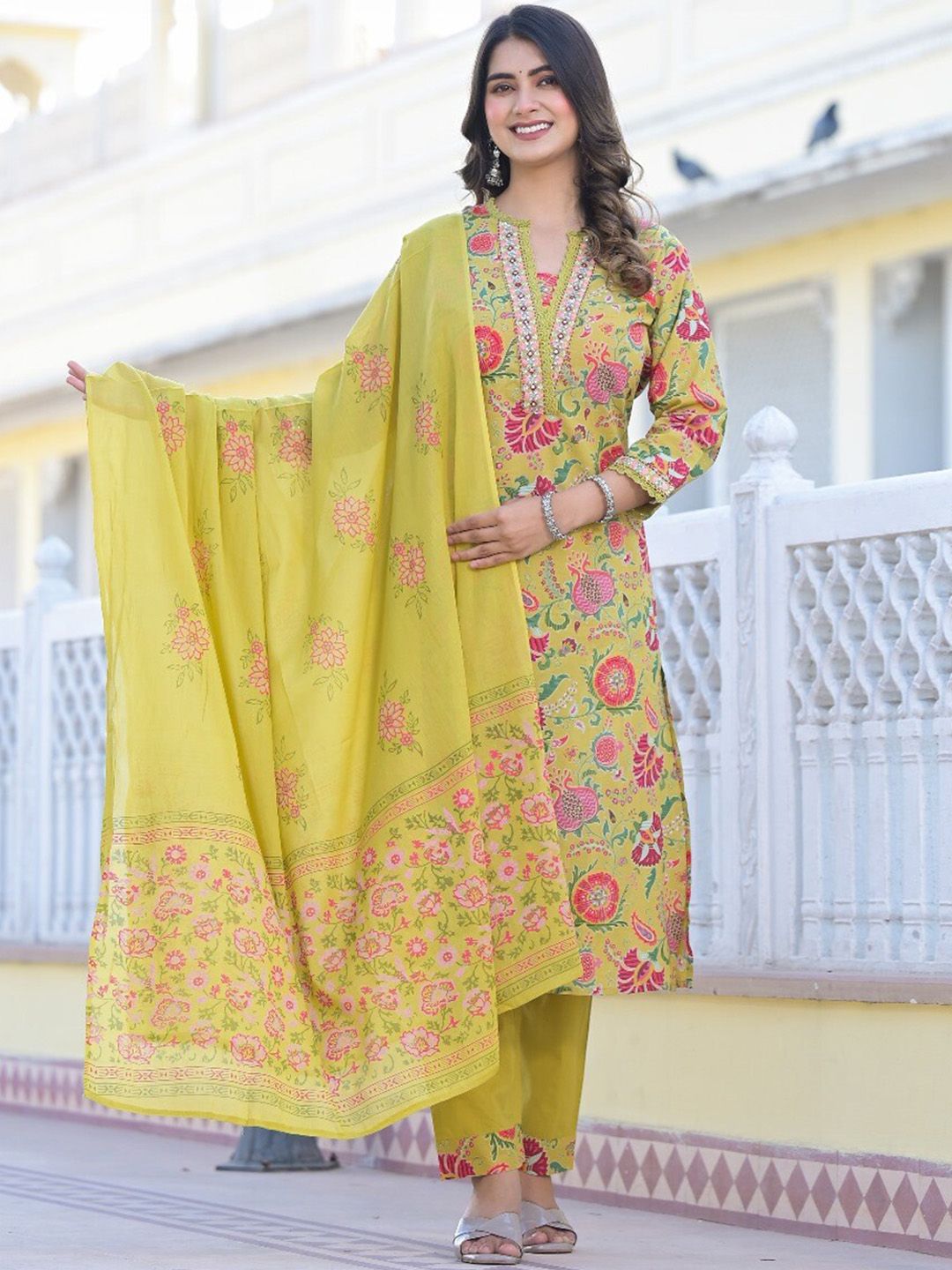 Dhiyona VA Women'sYellow Printed Mirror Work Pure Cotton Straight Kurta With Trousers & Dupatta