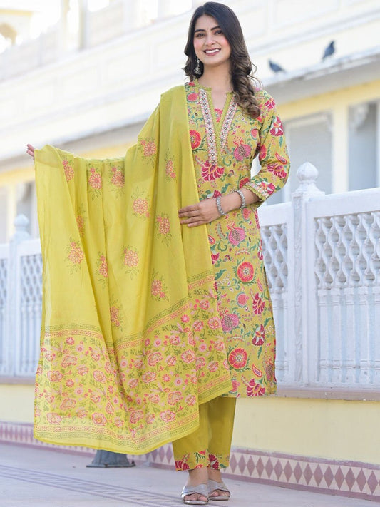 Dhiyona VA Women'sYellow Printed Mirror Work Pure Cotton Straight Kurta With Trousers & Dupatta