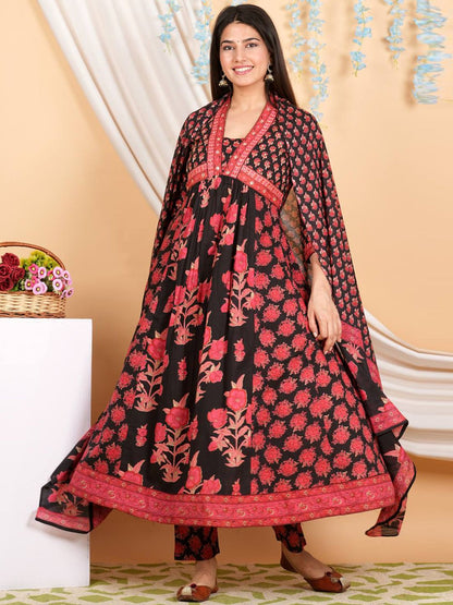 Dhiyona VA Women'sFloral Printed Empire Mirror Work Pure Cotton Kurta with Trousers & With Dupatta