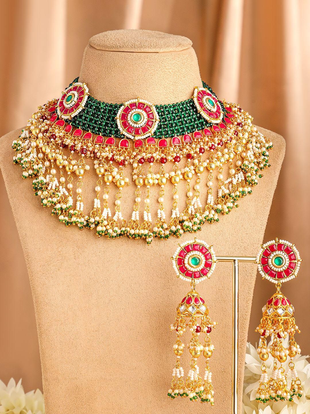 Dhiyona RJ Women's 24K Gold-Plated Kundan & Beaded Handcrafted Ruby, Emerald & Pearl Necklace Set