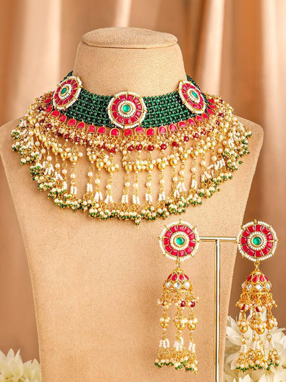 Dhiyona RJ Women's 24K Gold-Plated Kundan & Beaded Handcrafted Ruby, Emerald & Pearl Necklace Set