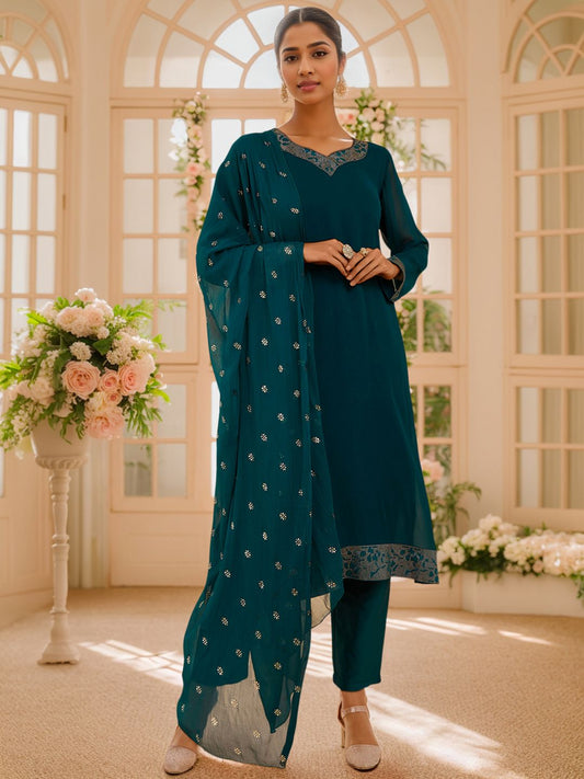 Dhiyona SO Women's Women Beads and Stones Silk Georgette Kurta with Trousers & Dupatta
